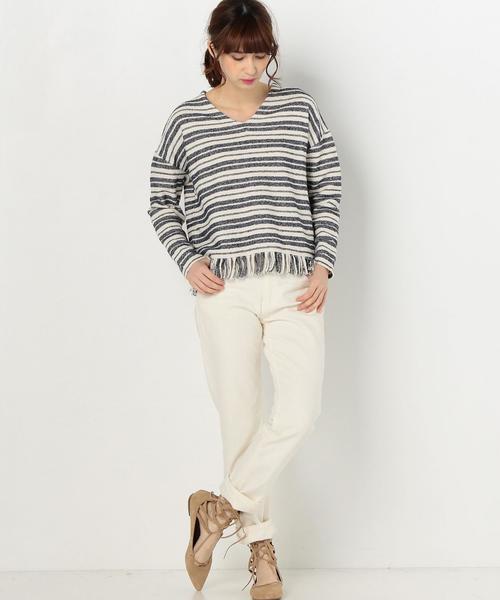 Another Edition（アナザーエディション）の「ボーダーフリンジトップス/AEBC C/BORDフリンジ◆（Tシャツ/カットソー・レディース・オフホワイト/ライトグレー・FREE）」の9枚目の写真