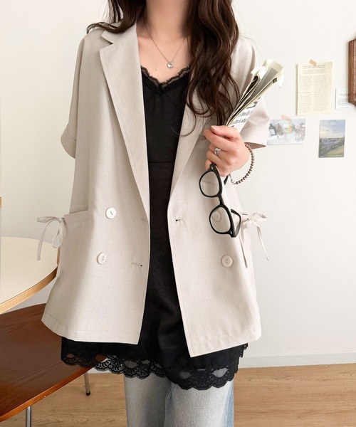 mily bilet（ミウィビレット）の「【mily bilet】甘さひとさじ、きれいに決まる。リボンストラップ付き半袖テーラードジャケット（オーバーサイズ）（テーラードジャケット・レディース・グレー/アイボリー/チャコール・X-LARGE/MEDIUM/LARGE/SMALL）」の5枚目の写真