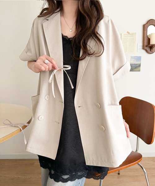 mily bilet（ミウィビレット）の「【mily bilet】甘さひとさじ、きれいに決まる。リボンストラップ付き半袖テーラードジャケット（オーバーサイズ）（テーラードジャケット・レディース・グレー/アイボリー/チャコール・X-LARGE/MEDIUM/LARGE/SMALL）」の13枚目の写真