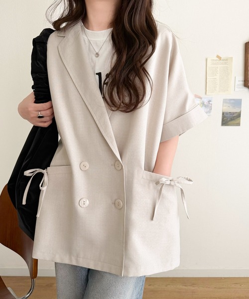 mily bilet（ミウィビレット）の「【mily bilet】甘さひとさじ、きれいに決まる。リボンストラップ付き半袖テーラードジャケット（オーバーサイズ）（テーラードジャケット・レディース・グレー/アイボリー/チャコール・X-LARGE/MEDIUM/LARGE/SMALL）」の9枚目の写真