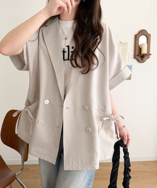 mily bilet（ミウィビレット）の「【mily bilet】甘さひとさじ、きれいに決まる。リボンストラップ付き半袖テーラードジャケット（オーバーサイズ）（テーラードジャケット・レディース・グレー/アイボリー/チャコール・X-LARGE/MEDIUM/LARGE/SMALL）」の8枚目の写真