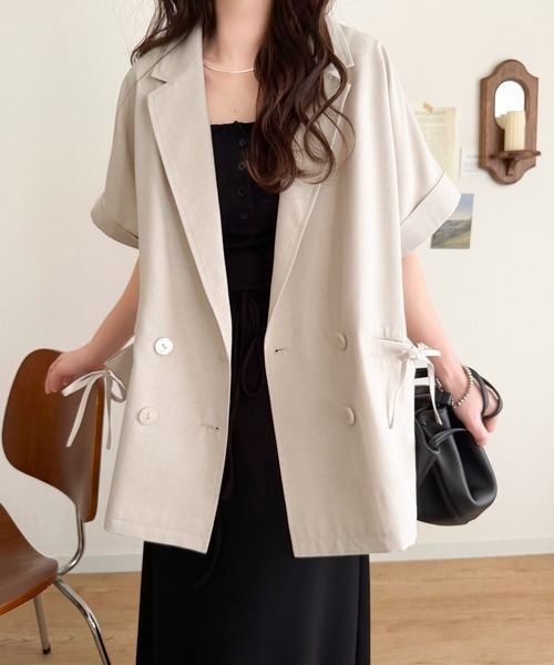 mily bilet（ミウィビレット）の「【mily bilet】甘さひとさじ、きれいに決まる。リボンストラップ付き半袖テーラードジャケット（オーバーサイズ）（テーラードジャケット・レディース・グレー/アイボリー/チャコール・X-LARGE/MEDIUM/LARGE/SMALL）」の11枚目の写真