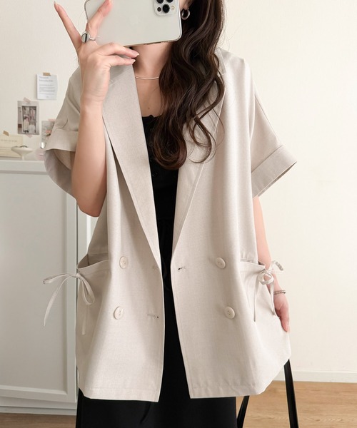 mily bilet（ミウィビレット）の「【mily bilet】甘さひとさじ、きれいに決まる。リボンストラップ付き半袖テーラードジャケット（オーバーサイズ）（テーラードジャケット・レディース・グレー/アイボリー/チャコール・X-LARGE/MEDIUM/LARGE/SMALL）」の7枚目の写真