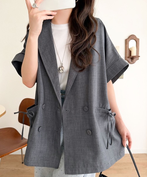 mily bilet（ミウィビレット）の「【mily bilet】甘さひとさじ、きれいに決まる。リボンストラップ付き半袖テーラードジャケット（オーバーサイズ）（テーラードジャケット・レディース・グレー/アイボリー/チャコール・X-LARGE/MEDIUM/LARGE/SMALL）」の16枚目の写真