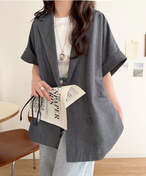 mily bilet（ミウィビレット）の「【mily bilet】甘さひとさじ、きれいに決まる。リボンストラップ付き半袖テーラードジャケット（オーバーサイズ）（テーラードジャケット・レディース・グレー/アイボリー/チャコール・X-LARGE/MEDIUM/LARGE/SMALL）」の22枚目の写真