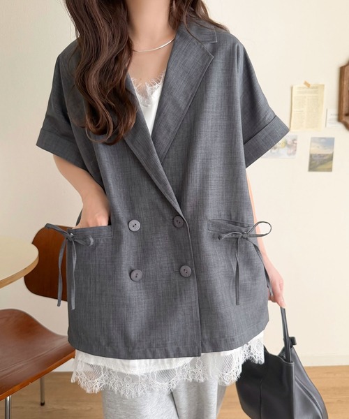 mily bilet（ミウィビレット）の「【mily bilet】甘さひとさじ、きれいに決まる。リボンストラップ付き半袖テーラードジャケット（オーバーサイズ）（テーラードジャケット・レディース・グレー/アイボリー/チャコール・X-LARGE/MEDIUM/LARGE/SMALL）」の20枚目の写真