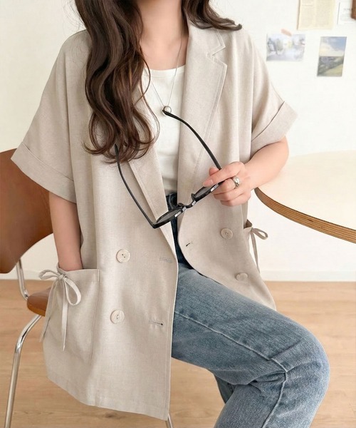 mily bilet（ミウィビレット）の「【mily bilet】甘さひとさじ、きれいに決まる。リボンストラップ付き半袖テーラードジャケット（オーバーサイズ）（テーラードジャケット・レディース・グレー/アイボリー/チャコール・X-LARGE/MEDIUM/LARGE/SMALL）」の10枚目の写真