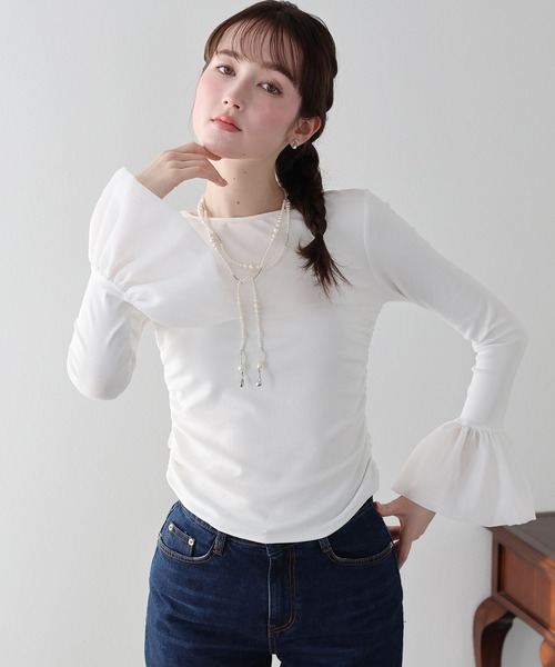 BLUEEAST(ブルーイースト)の「フレアスリーブドッキングカットソー(Tシャツ/カットソー・レディース・ホワイト/ブラック・MEDIUM)」の1枚目の写真