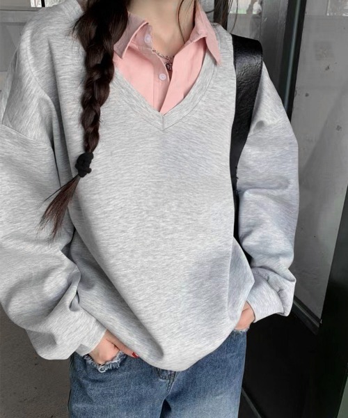 Miniministore(ミニミニストア)の「シャツ襟切り替えスウェットレディース長袖(Tシャツ/カットソー・レディース・グレー×ピンク/グレー×サックスブルー・FREE)」の1枚目の写真