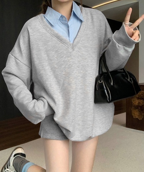 Miniministore(ミニミニストア)の「シャツ襟切り替えスウェットレディース長袖(Tシャツ/カットソー・レディース・グレー×ピンク/グレー×サックスブルー・FREE)」の8枚目の写真