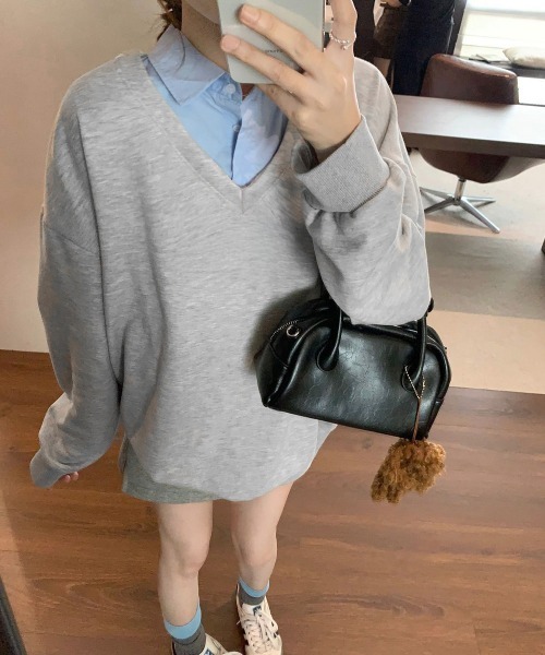 Miniministore(ミニミニストア)の「シャツ襟切り替えスウェットレディース長袖(Tシャツ/カットソー・レディース・グレー×ピンク/グレー×サックスブルー・FREE)」の9枚目の写真