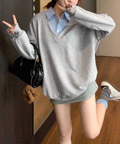 Miniministore(ミニミニストア)の「シャツ襟切り替えスウェットレディース長袖(Tシャツ/カットソー・レディース・グレー×ピンク/グレー×サックスブルー・FREE)」の10枚目の写真