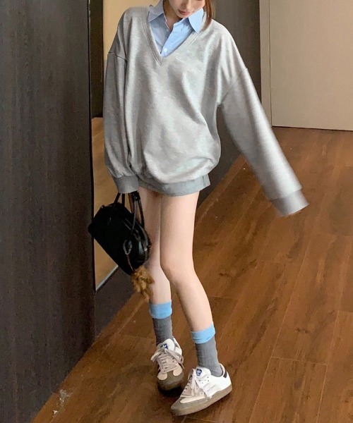 Miniministore(ミニミニストア)の「シャツ襟切り替えスウェットレディース長袖(Tシャツ/カットソー・レディース・グレー×ピンク/グレー×サックスブルー・FREE)」の11枚目の写真