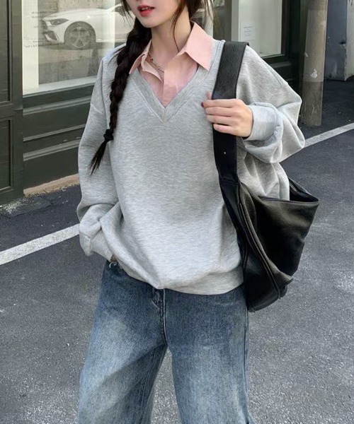 Miniministore(ミニミニストア)の「シャツ襟切り替えスウェットレディース長袖(Tシャツ/カットソー・レディース・グレー×ピンク/グレー×サックスブルー・FREE)」の12枚目の写真