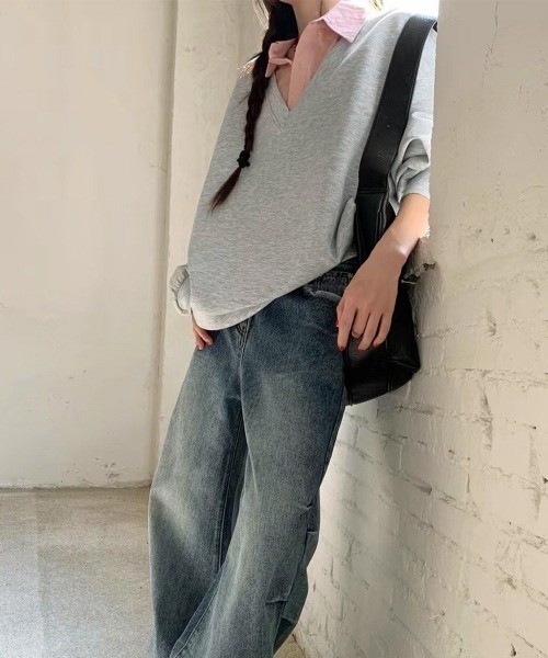 Miniministore(ミニミニストア)の「シャツ襟切り替えスウェットレディース長袖(Tシャツ/カットソー・レディース・グレー×ピンク/グレー×サックスブルー・FREE)」の13枚目の写真
