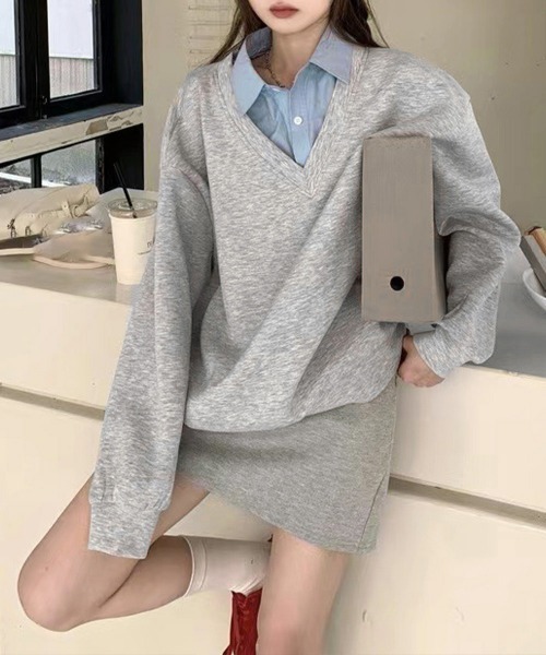 Miniministore(ミニミニストア)の「シャツ襟切り替えスウェットレディース長袖(Tシャツ/カットソー・レディース・グレー×ピンク/グレー×サックスブルー・FREE)」の19枚目の写真