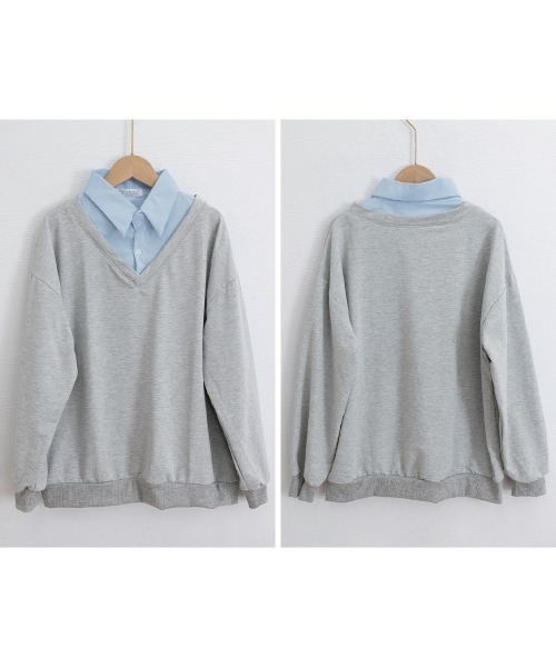 Miniministore(ミニミニストア)の「シャツ襟切り替えスウェットレディース長袖(Tシャツ/カットソー・レディース・グレー×ピンク/グレー×サックスブルー・FREE)」の6枚目の写真