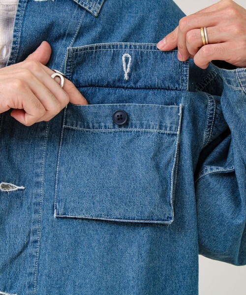 GLOSTER（グロスター）の「【デニム/リップストップ】ミリタリーオーバーシャツ（シャツ/ブラウス・メンズ・ベージュ/インディゴブルー・L/M）」の19枚目の写真