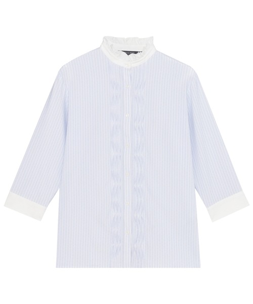 TOKYO SHIRTS(トウキョウシャツ)の「【吸水速乾】【COFREX】スタンドフリル クレリック ひねりピンタック ブラウス 七分袖 レディースデザインシャツ(シャツ/ブラウス・レディース・サックスブルー・S/M/LL/XL/L)」の1枚目の写真