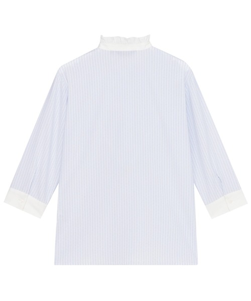 TOKYO SHIRTS(トウキョウシャツ)の「【吸水速乾】【COFREX】スタンドフリル クレリック ひねりピンタック ブラウス 七分袖 レディースデザインシャツ(シャツ/ブラウス・レディース・サックスブルー・S/M/LL/XL/L)」の2枚目の写真