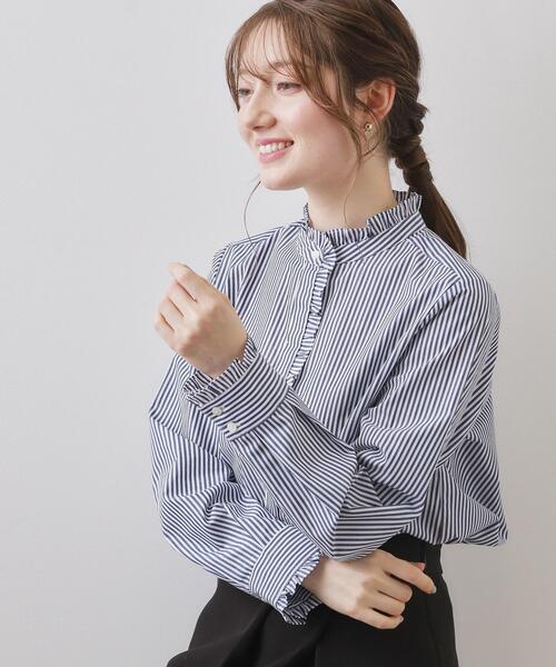 index（インデックス）の「ブロードフロントフリルブラウス【洗濯機OK】《5col》（シャツ/ブラウス・レディース・ネイビー系2/オフホワイト/サックスブルー系7/サックスブルー/ネイビー系5・42/40/38/36）」の3枚目の写真