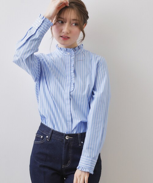 index（インデックス）の「ブロードフロントフリルブラウス【洗濯機OK】《5col》（シャツ/ブラウス・レディース・ネイビー系2/オフホワイト/サックスブルー系7/サックスブルー/ネイビー系5・42/40/38/36）」の5枚目の写真