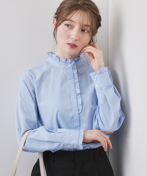 index（インデックス）の「ブロードフロントフリルブラウス【洗濯機OK】《5col》（シャツ/ブラウス・レディース・ネイビー系2/オフホワイト/サックスブルー系7/サックスブルー/ネイビー系5・42/40/38/36）」の2枚目の写真