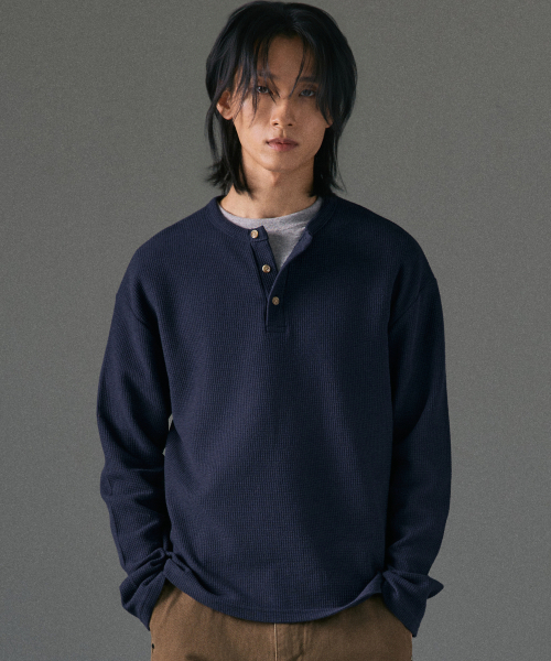ワッフルヘンリーネッククロップTシャツ[ネイビー]（Tシャツ