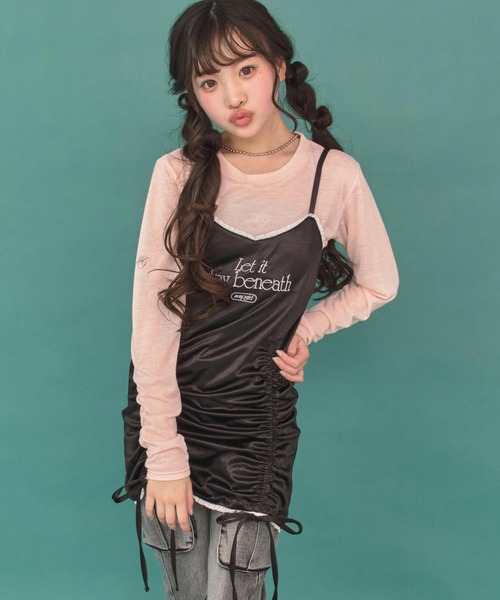 ANAP GiRL(アナップガール)の「シャーリング リボン キャミ ワンピース(ワンピース・キッズ・ブラック/ピンク・XS/M/S)」の3枚目の写真