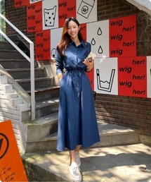 デニム調 シャツロングワンピース