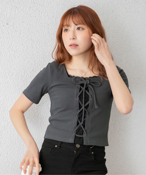 GORGE(ゴージ)の「《レースドッキング 半袖》カットソー/ガーリー×カジュアル/春夏/全3色(Tシャツ/カットソー・レディース・ブラック/チャコール/オフホワイト・F)」の3枚目の写真