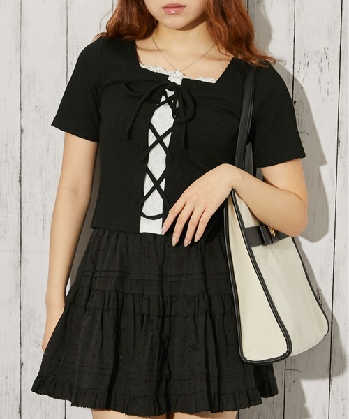 GORGE(ゴージ)の「《レースドッキング 半袖》カットソー/ガーリー×カジュアル/春夏/全3色(Tシャツ/カットソー・レディース・ブラック/チャコール/オフホワイト・F)」の2枚目の写真