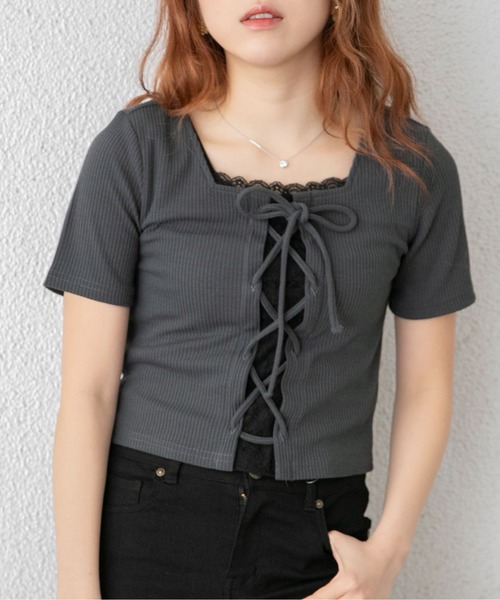 GORGE(ゴージ)の「《レースドッキング 半袖》カットソー/ガーリー×カジュアル/春夏/全3色(Tシャツ/カットソー・レディース・ブラック/チャコール/オフホワイト・F)」の4枚目の写真