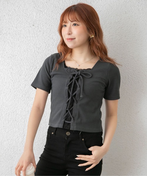 GORGE(ゴージ)の「《レースドッキング 半袖》カットソー/ガーリー×カジュアル/春夏/全3色(Tシャツ/カットソー・レディース・ブラック/チャコール/オフホワイト・F)」の5枚目の写真