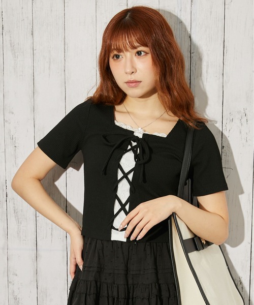 GORGE(ゴージ)の「《レースドッキング 半袖》カットソー/ガーリー×カジュアル/春夏/全3色(Tシャツ/カットソー・レディース・ブラック/チャコール/オフホワイト・F)」の8枚目の写真