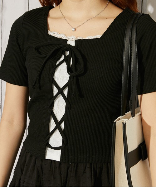 GORGE(ゴージ)の「《レースドッキング 半袖》カットソー/ガーリー×カジュアル/春夏/全3色(Tシャツ/カットソー・レディース・ブラック/チャコール/オフホワイト・F)」の12枚目の写真