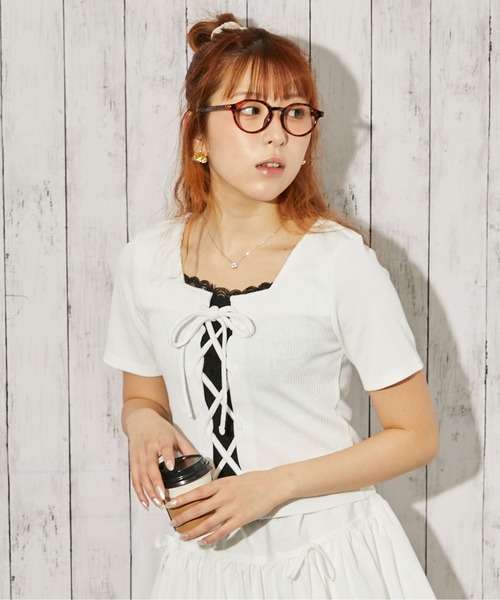 GORGE(ゴージ)の「《レースドッキング 半袖》カットソー/ガーリー×カジュアル/春夏/全3色(Tシャツ/カットソー・レディース・ブラック/チャコール/オフホワイト・F)」の15枚目の写真