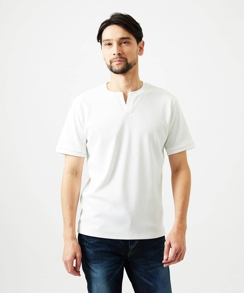 MICHEL KLEIN HOMME   （ミッシェルクランオム）の「《日本製》キーネック半袖カットソー（Tシャツ/カットソー・メンズ・ホワイト/ブラック/ネイビー・MEDIUM/LARGE/X-LARGE）」の2枚目の写真