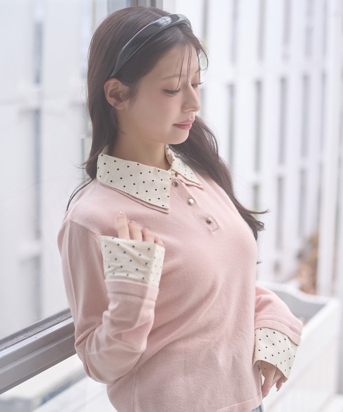 Ambre Neige(アンブルネージュ)の「fake layered dot polo knit / フェイクレイヤードドットポロニット(ニット/セーター・レディース・グレー/ネイビー/ライトピンク・FREE)」の3枚目の写真