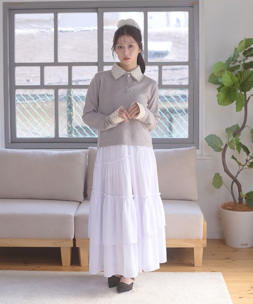 Ambre Neige(アンブルネージュ)の「fake layered dot polo knit / フェイクレイヤードドットポロニット(ニット/セーター・レディース・グレー/ネイビー/ライトピンク・FREE)」の10枚目の写真