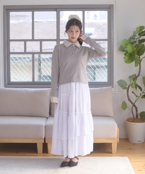 Ambre Neige(アンブルネージュ)の「fake layered dot polo knit / フェイクレイヤードドットポロニット(ニット/セーター・レディース・グレー/ネイビー/ライトピンク・FREE)」の11枚目の写真