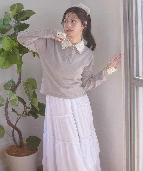Ambre Neige(アンブルネージュ)の「fake layered dot polo knit / フェイクレイヤードドットポロニット(ニット/セーター・レディース・グレー/ネイビー/ライトピンク・FREE)」の5枚目の写真