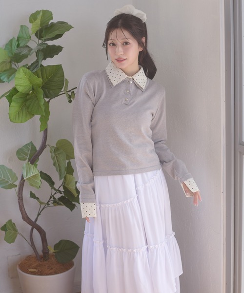 Ambre Neige(アンブルネージュ)の「fake layered dot polo knit / フェイクレイヤードドットポロニット(ニット/セーター・レディース・グレー/ネイビー/ライトピンク・FREE)」の4枚目の写真