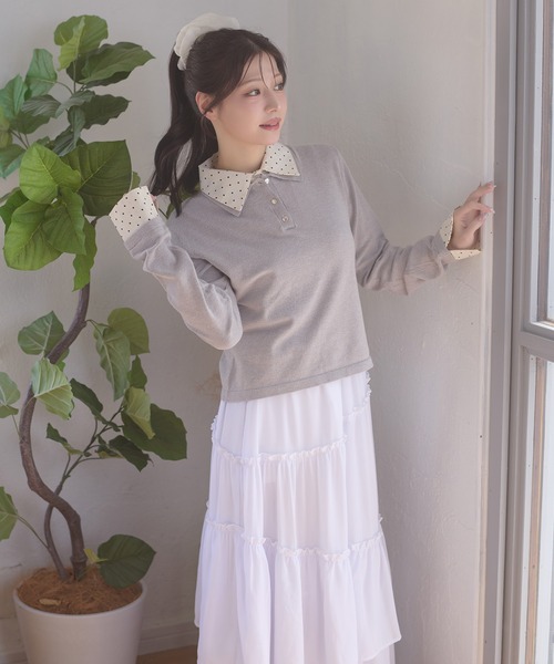 Ambre Neige(アンブルネージュ)の「fake layered dot polo knit / フェイクレイヤードドットポロニット(ニット/セーター・レディース・グレー/ネイビー/ライトピンク・FREE)」の6枚目の写真