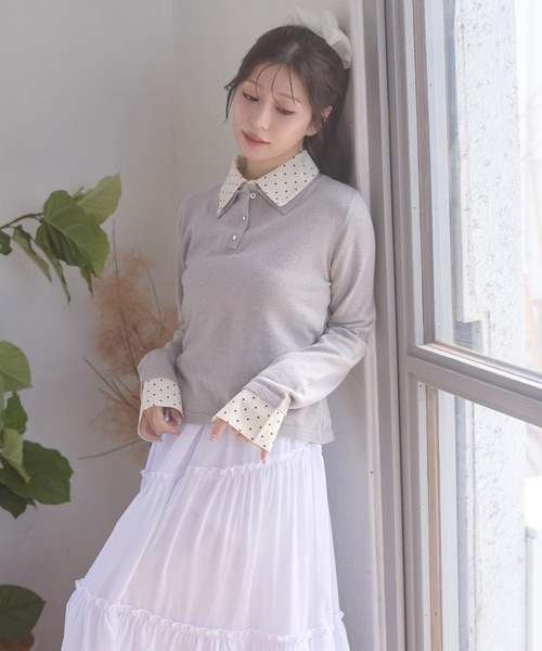 Ambre Neige(アンブルネージュ)の「fake layered dot polo knit / フェイクレイヤードドットポロニット(ニット/セーター・レディース・グレー/ネイビー/ライトピンク・FREE)」の7枚目の写真