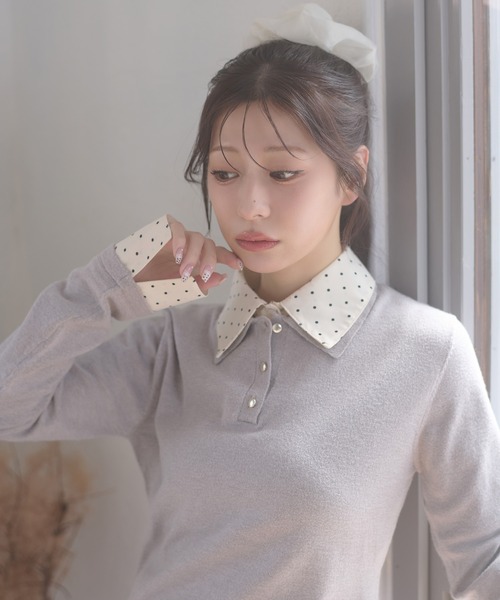 Ambre Neige(アンブルネージュ)の「fake layered dot polo knit / フェイクレイヤードドットポロニット(ニット/セーター・レディース・グレー/ネイビー/ライトピンク・FREE)」の8枚目の写真