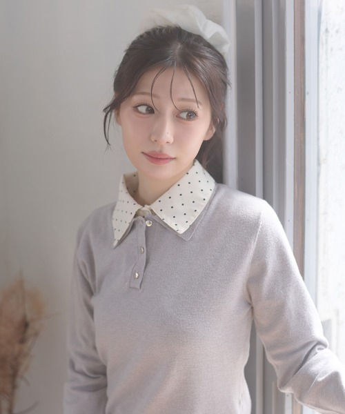 Ambre Neige(アンブルネージュ)の「fake layered dot polo knit / フェイクレイヤードドットポロニット(ニット/セーター・レディース・グレー/ネイビー/ライトピンク・FREE)」の9枚目の写真