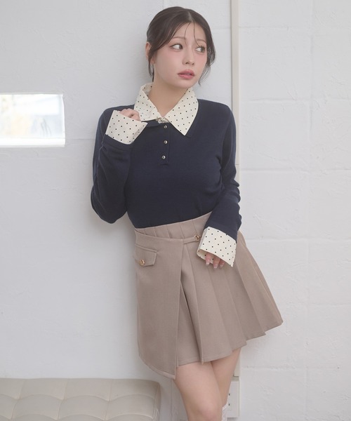 Ambre Neige(アンブルネージュ)の「fake layered dot polo knit / フェイクレイヤードドットポロニット(ニット/セーター・レディース・グレー/ネイビー/ライトピンク・FREE)」の20枚目の写真
