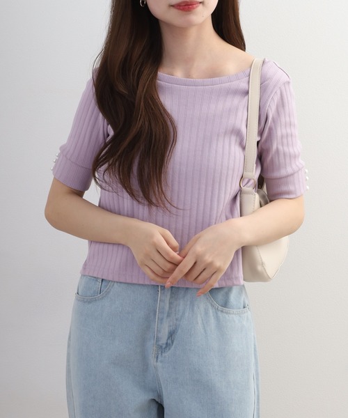 FUNALIVE(ファンアライブ)の「EUCLAID パールスリーブリブカットソー 半袖(Tシャツ/カットソー・レディース・パープル・38/40/36)」の1枚目の写真