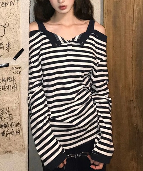 HALEY PESCA(ヘーリーペスカ)の「HALEY PESCA/肩出しボーダートップス(Tシャツ/カットソー・レディース・ネイビー・LARGE/MEDIUM)」の1枚目の写真